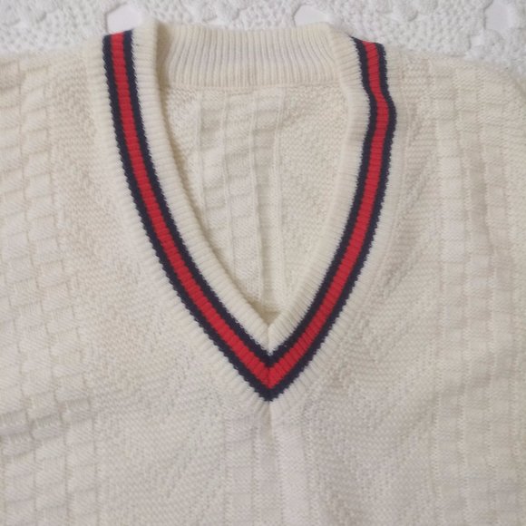 Vtg 80s 90s Large Ivory V Neck Preppy Tennis Pullover Sweater Red Blue Stripe - Picture 2 of 5
